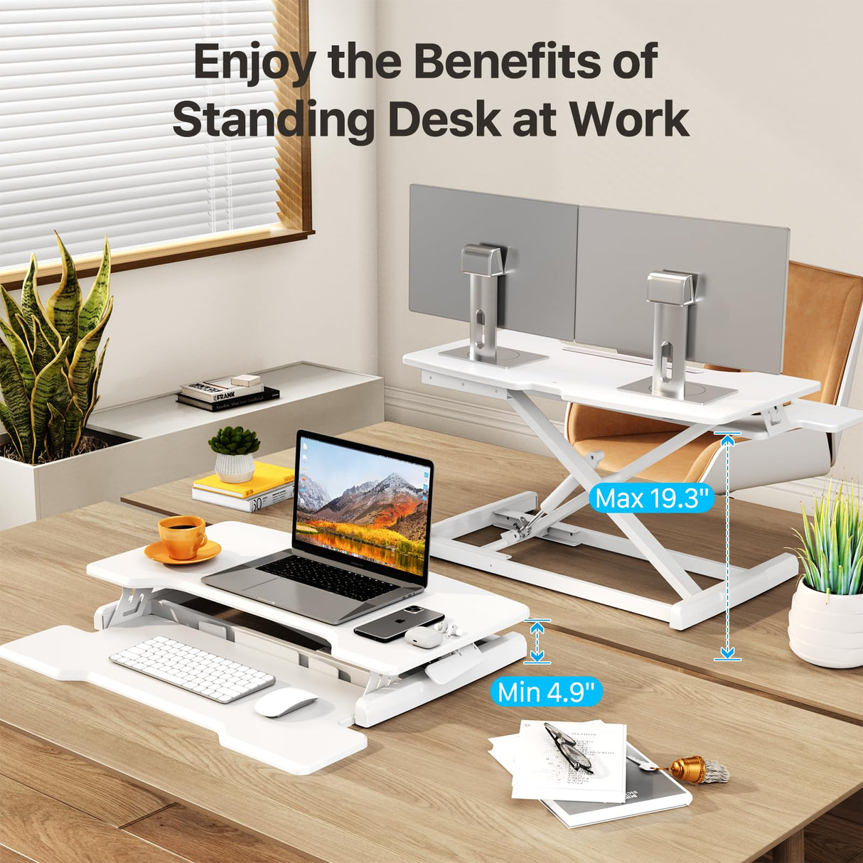 JYLH JOYSEEKER Standing Desk Converter 32 inch, Height Adjustable Sit Stand Desk Riser, Quick Sit to Stand Tabletop Dual Monitor Riser Workstation for Home Office with Keyboard Tray, White JYLH JOYSEEKER