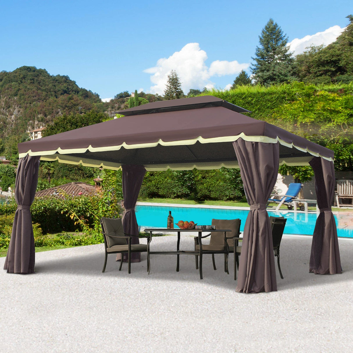 Outsunny 10' x 13' Patio Gazebo, Outdoor Gazebo Canopy Shelter with Netting and Curtains, Aluminum Frame for Garden, Lawn, Backyard and Deck, Coffee Outsunny