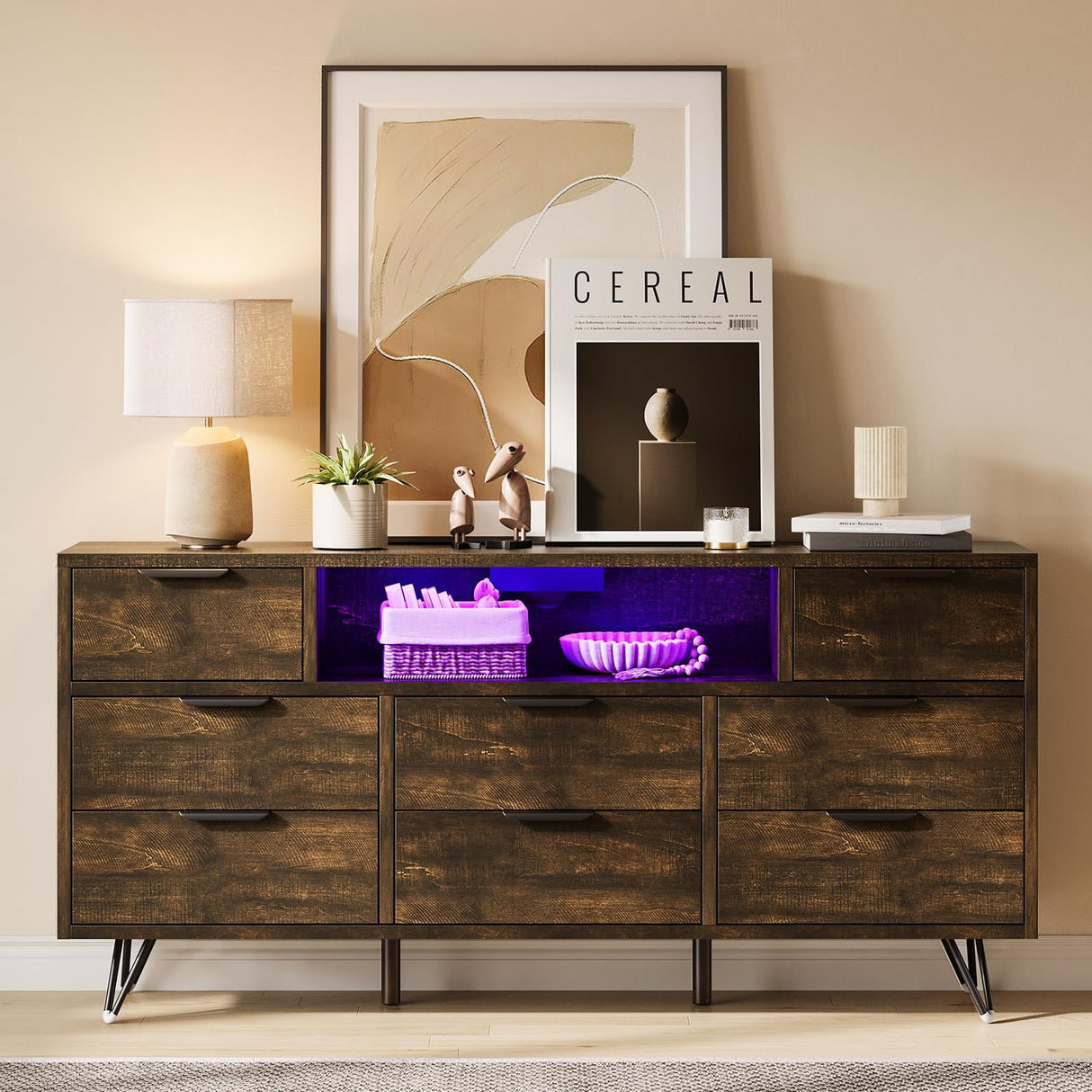 TV Cabinet with Storage LED Lights,Power Outlets,Dresser with 8 Drawers Open Shelf,TV Stand for 32/45/55/65 Inches,Metal Frame & Wood Top Storage Cabinet for Bedroom,Living Room,Hallway Takywep