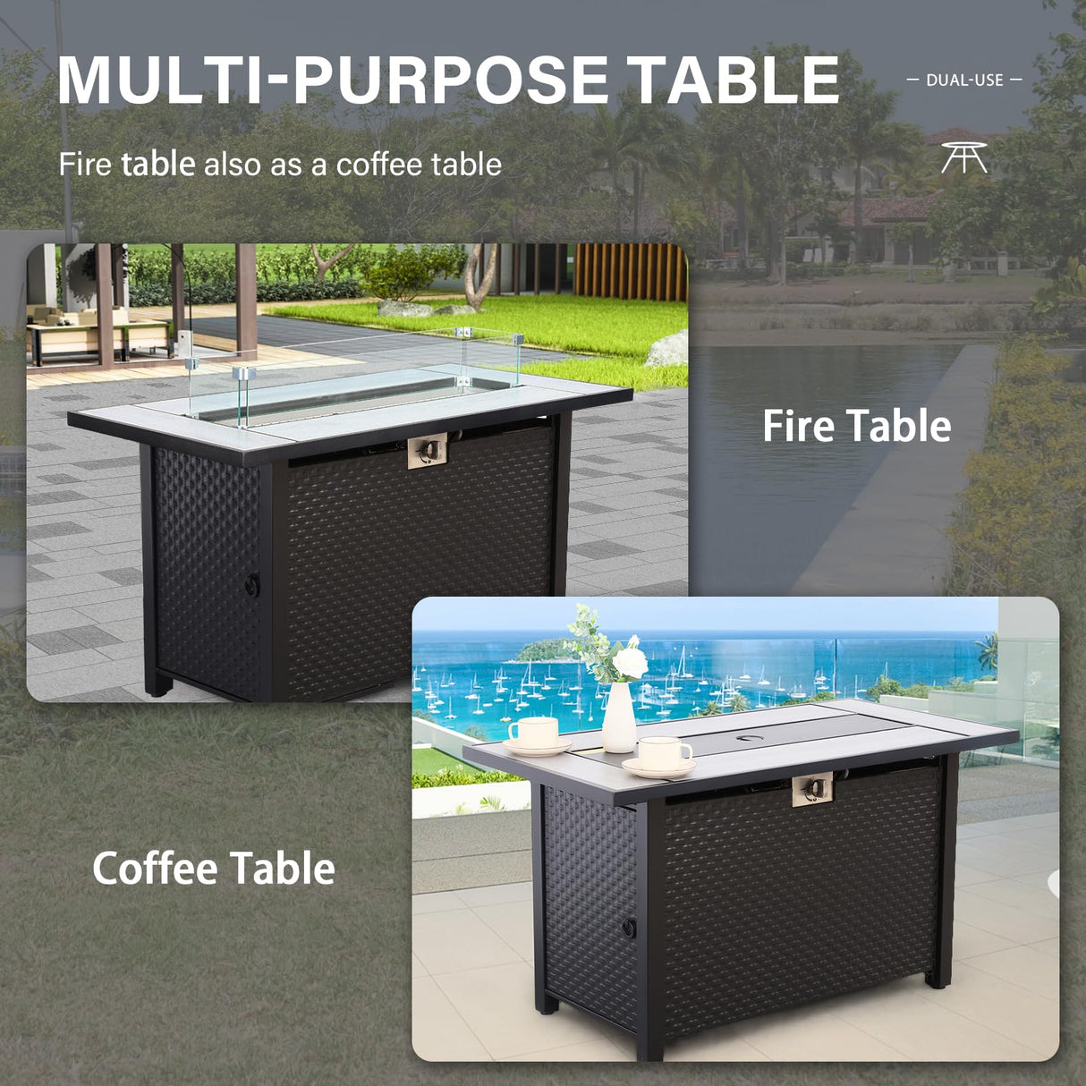 Patio Furniture Set 6-Piece Outdoor Furniture Set with 45'' Propane Gas Fire Pit Table Outdoor Conversation Set Wicker Sofa Set Non-Slip Cushions Waterproof Covers, Peacock Blue Rattan Star