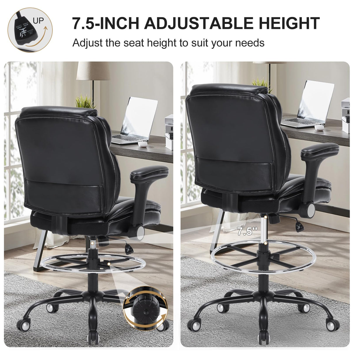 Chairoyal Drafting Chair, Ergonomic Tall Office Chair with Soft Adjustable Arms and Foot Ring, Standing Desk Chair PU Leather High Office Chair for Counter Height Desk, Swivel Computer Stool, Black Chairoyal