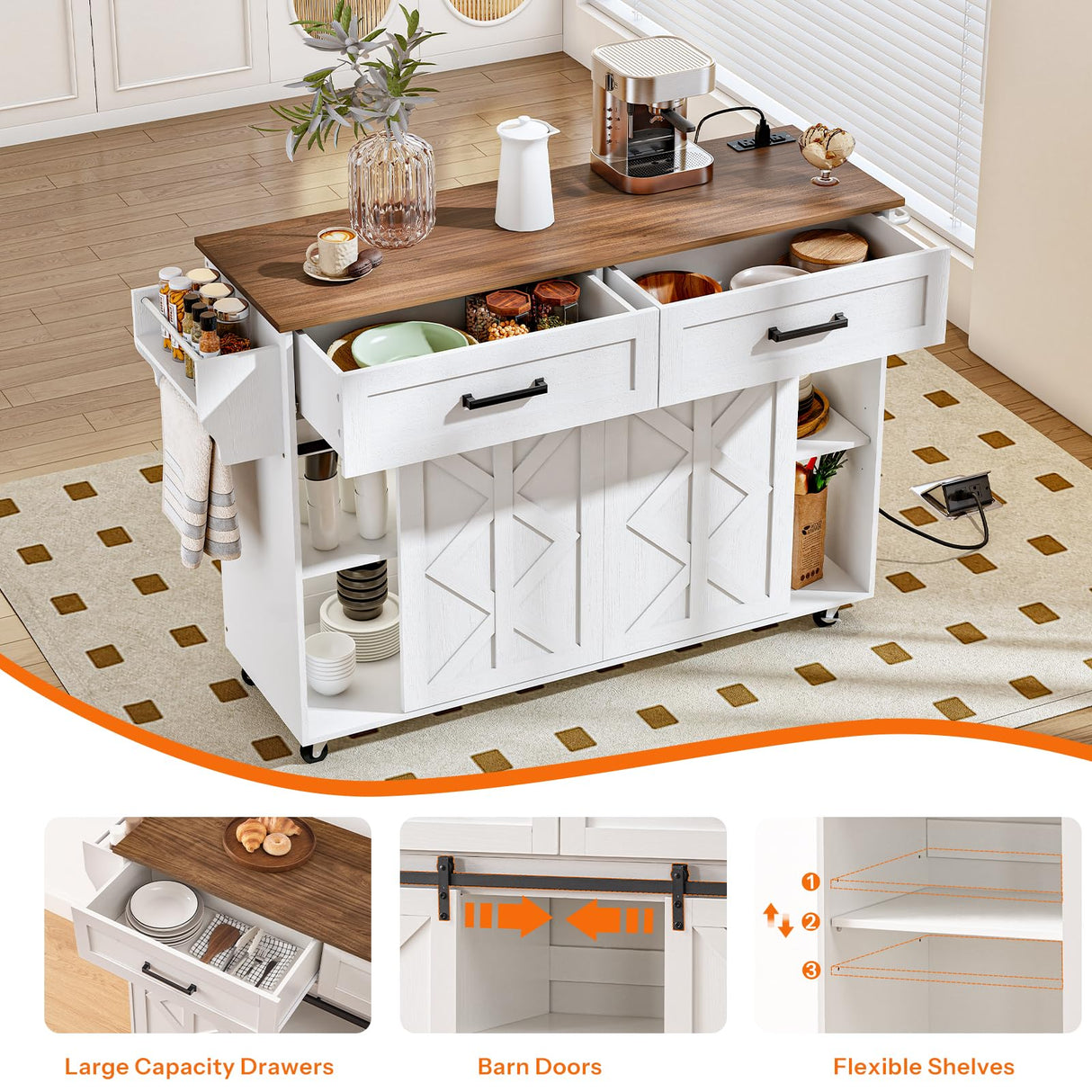 HOOBRO Kitchen Island with Storage, Power Outlet, Rolling Kitchen Island Cart on Wheels, with 2 Drawers, Sliding Barn Doors and Lockable Wheels, Farmhouse, White and Walnut WH28UZD01 HOOBRO