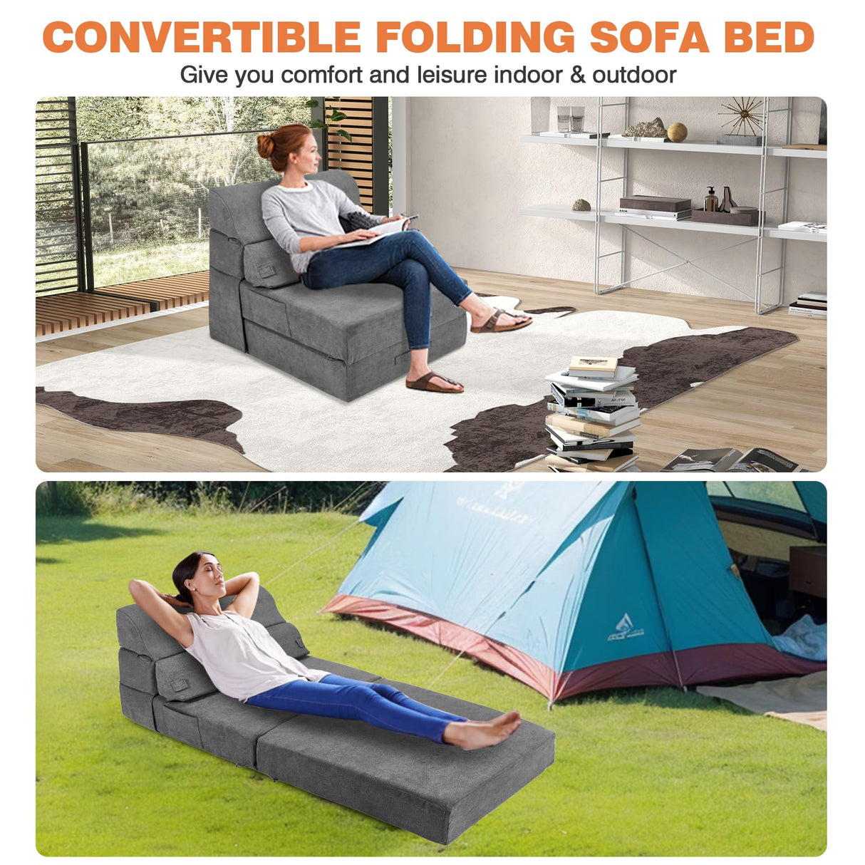 LitaiL Comfy Folding Sofa Bed - Grey Convertible Sleeper Sofa Fold Out Sleeper Chair Couch for Living Room Bedroom Guest, Foldable Floor Chair Lounger Mattress with Back Support for Travel, Camping LitaiL