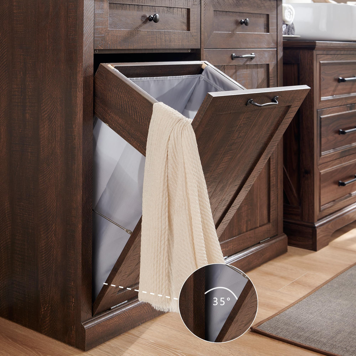 IFGET Double Tilt Out Trash Cabinet, Hidden Wooden Trash Can Cabinet, Farmhouse Laundry Hamper Cabinet, Trash Garbage Can Bin Cabinet with Storage Basket for Living Room, Kitchen, Brown IFGET