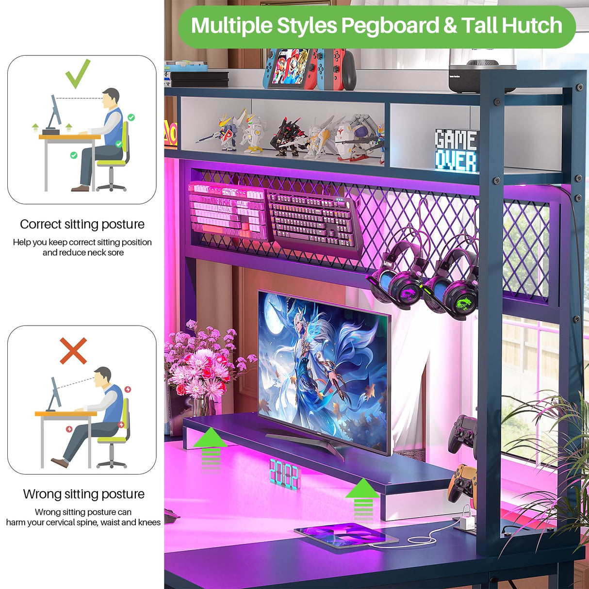 iSunirm 55 Gaming Desk with Hutch, Large Computer Desk with LED and Charging Station, Home Office Desk with Pegboard, Power Outlet, Storage and Monitor Stand, 55.2'' Gamer Desk PC Table, White iSunirm