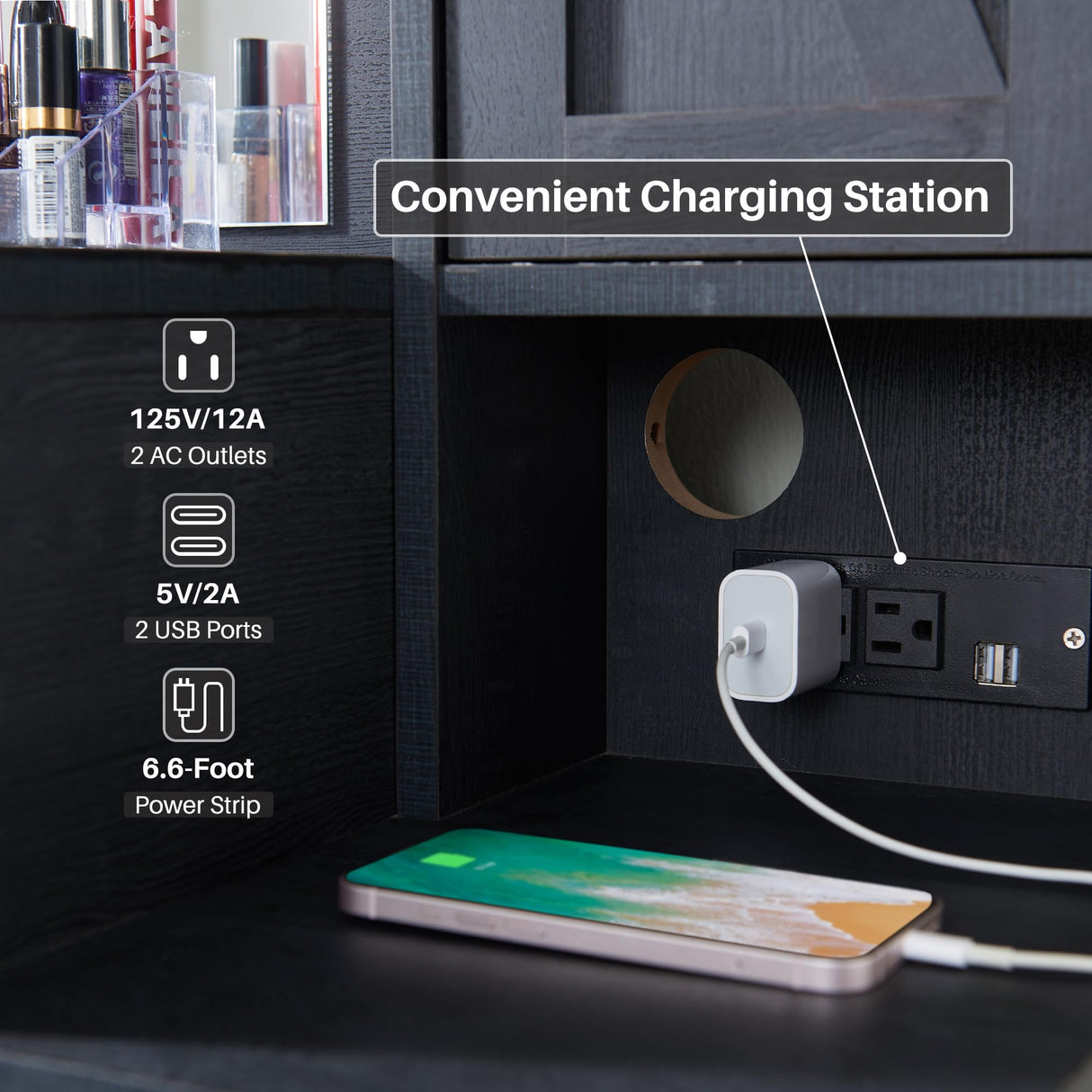 JXQTLINGMU Farmhouse Vanity Makeup Desk with Charging Station, 43" W Vanity Desk with Lights Mirror and Drawers for Makeup, Big Modern Makeup Table Set with Stool for Bedroom, Black JXQTLINGMU