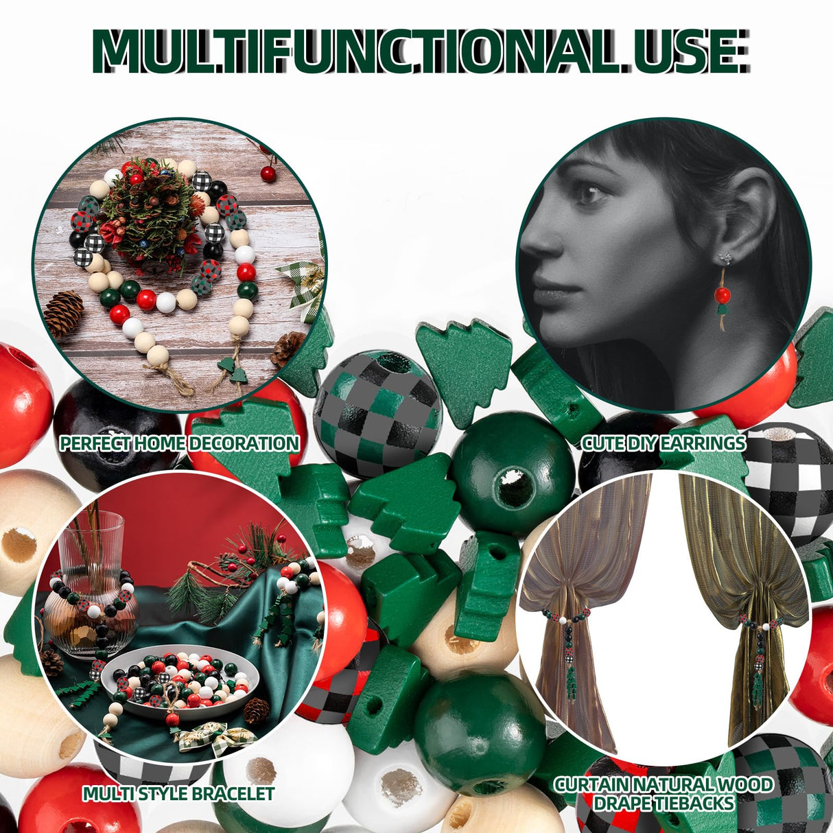 Junkin Christmas Wooden Bead Kit: 201 Pcs - 0.63 Inch Buffalo Plaid & 0.47 Inch Christmas Tree Shaped Beads with 6.6 Feet Natural Cord for DIY Garlands & Jewelry Junkin