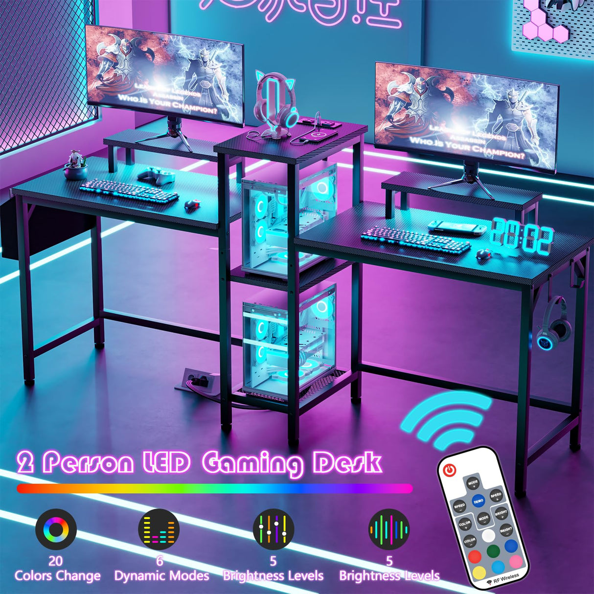 Furologee 2 Person Gaming Desk with LED Lights, 71 Inch Computer Desk with Power Outlets and Monitor Stand, Double Desk with Storage Bag and Headphone Hooks, Study Writing Table for Home Office, Black Furologee