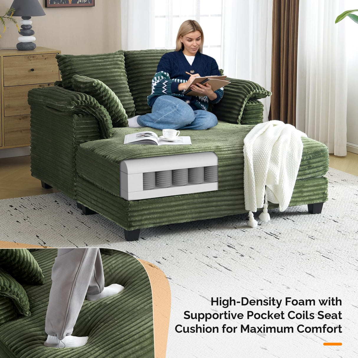 VINGLI Lounge Chair, 56" Oversized Reading Chair Corduroy Chaise Sofa Recliner Bed Upholstered Comfy Sleeper Couch with Throw Pillows and Armrests for Living Room, Movie Room, Bedroom VINGLI