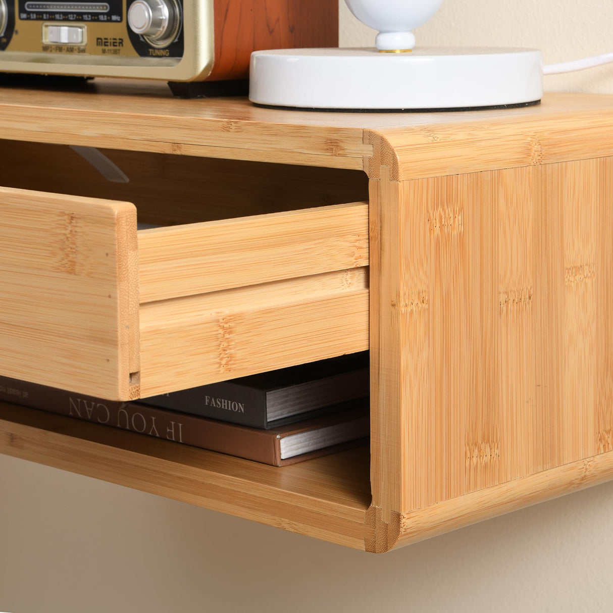 GugiNest Bamboo Floating Nightstand with Storage Drawer, Fully Assembled Wall Mounted Bedside Table with Open Shelf, Modern End Table for Bedroom, Natural GugiNest