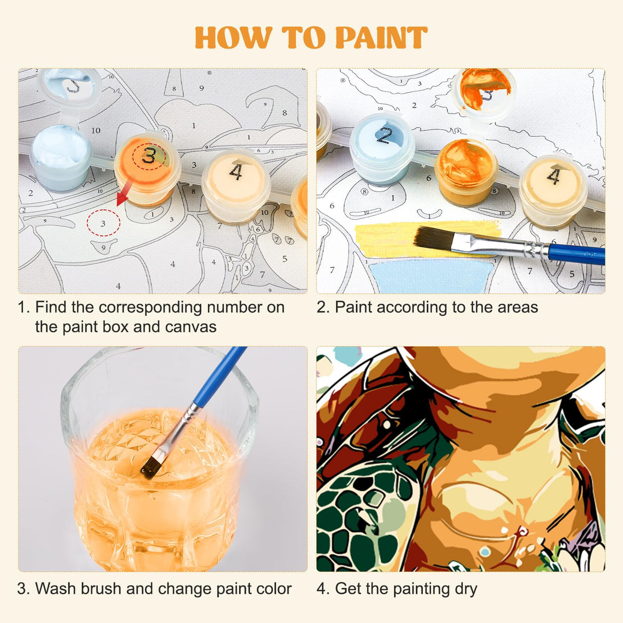 MXJSUA 4 Pack Cute Cartoon Turtle Paint by Numbers Kit with Framed Canvas for Ages 6-12 Kids, Paint by Numbers Kits for Children Beginners, Acrylic Oil Painting for Home Wall Decor Gift (8x8 inch) MXJSUA