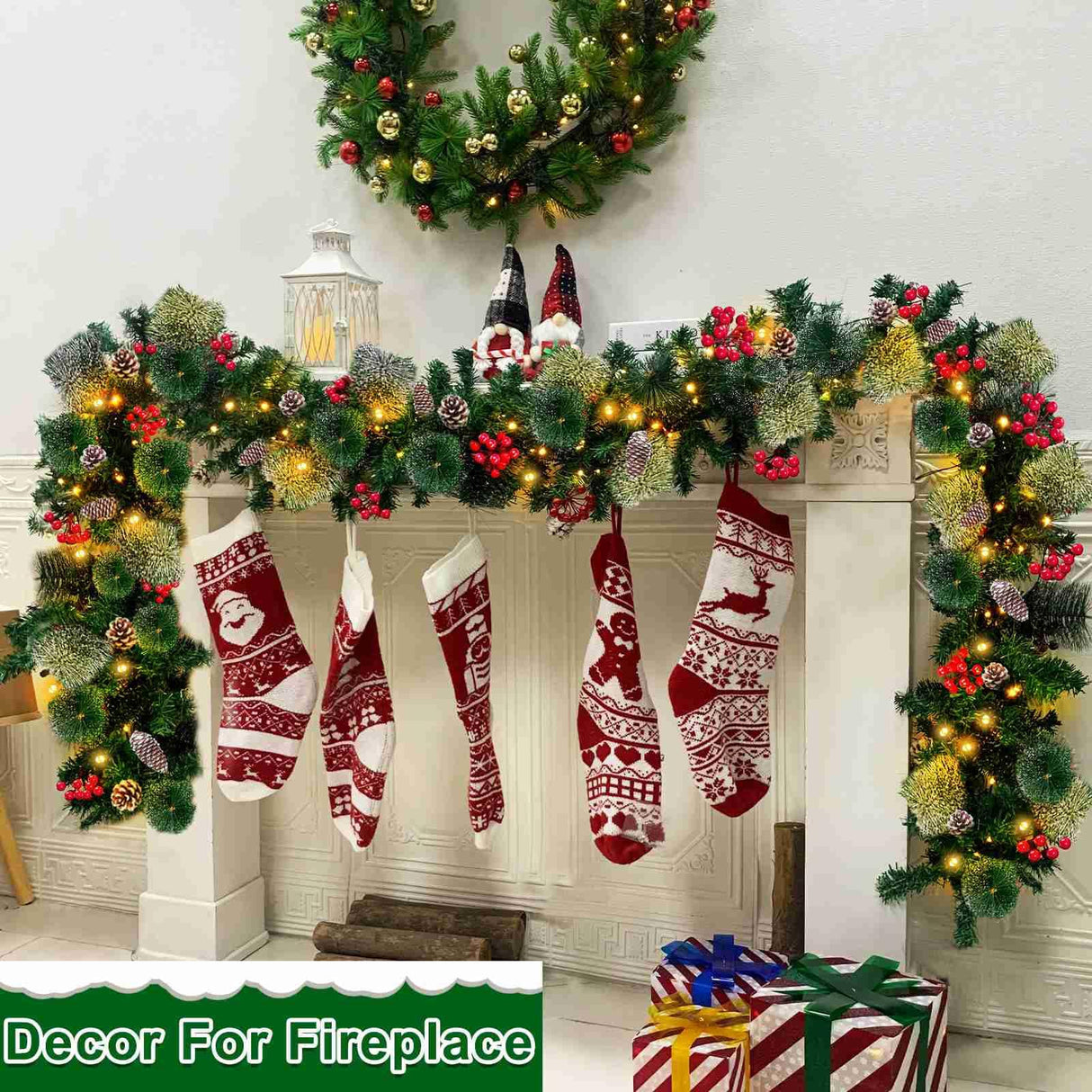 Auto Timer & 8 Modes 9Ft by 10 Inch 50 LED Prelit Christmas Garland Decorations Warm Lights Thick 270 Lifelike Snowy Tips 70 Red Berries 10 Pinecones Xmas Garland Fireplace Door Stairs Home Outdoor Camlinbo