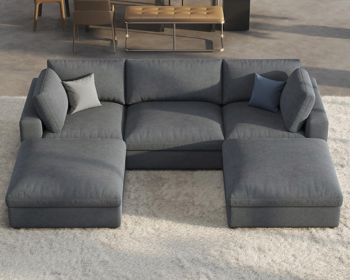 PaPaJet Modular Sectional Sofa, 114 Inches Oversized Down Filled Sectional Sofa, 5 Seats U Shaped Comfy Sofa with Chaise, Ottoman, Cloud Couch for Living Room, Grey Linen Couch Set PaPaJet