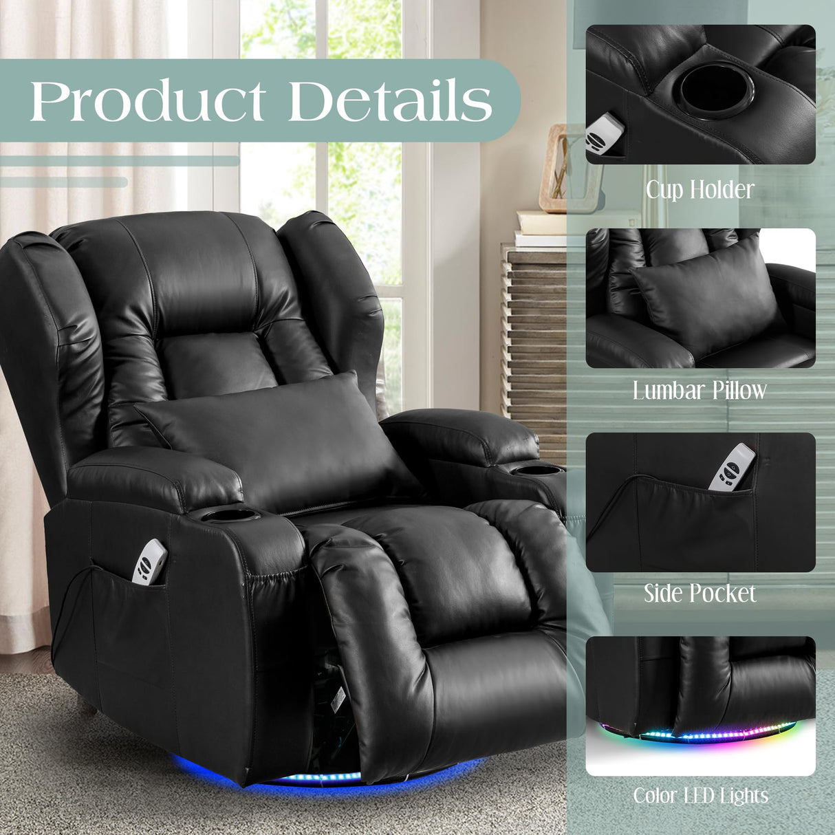 TUNYI Power Recliner Chair, Swivel Rocker Recliner Chair with Massage & Heat Faux Leather Home Theater Seating Rocker Reclining Chair for Living Room with LED Light/USB Port/Lumbar Pillow (Black) TUNYI