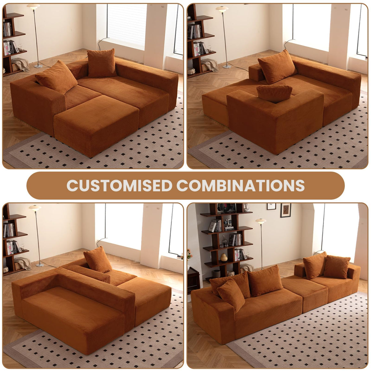 Modular Sectional Sofa, 108" L-Shaped Boneless Couch with Deep Seat, Corduroy Cloud Couch for Living Room, Bedroom, No Assembly Required, Ship in a Box, Orange RUMBALUXY