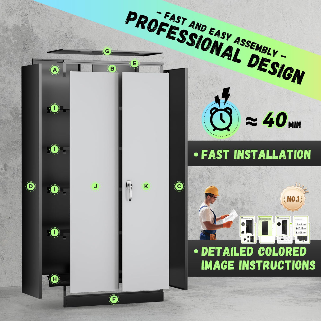 INTERGREAT Metal Storage Cabinet, 72" Tall Locking Storage Cabinet with 2 Doors and 4 Adjustable Shelves, Steel Tool Locking Cabinet for Home Office, Warehouse, School (Black Grey) INTERGREAT