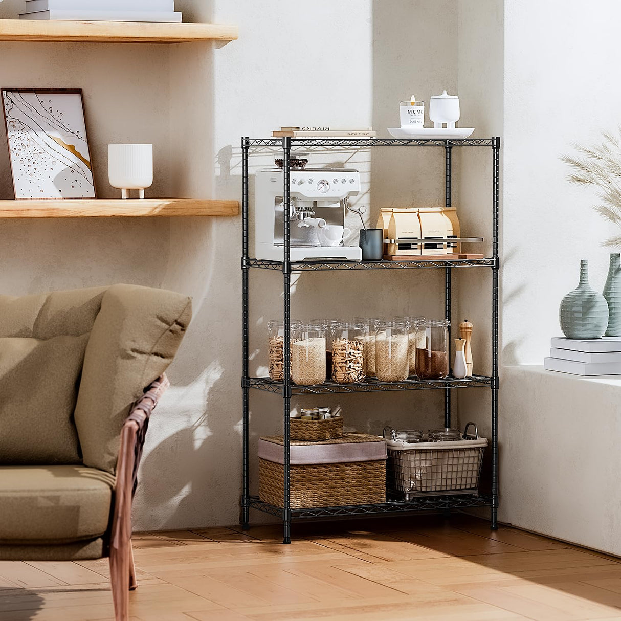 IZEUK 4-Tier Heavy Duty Steel Storage Shelves, Metal Shelf Wire Shelving Rack for Pantry, Kitchen, Garage, or Office Organization (29.5" W x 13.7" D x 47.2" H, 1000LBS, Black) IZEUK