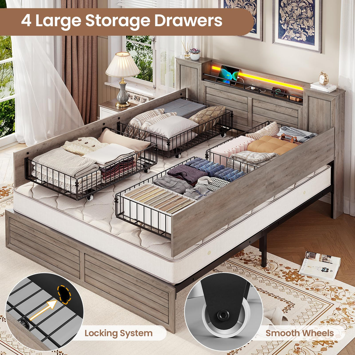 VIAGDO Farmhouse Queen Bed Frame with Headboard and Double Barn Door Storage Cabinets, Rustic Wooden Bed Frame Queen Size with Charging Station, 4 Drawers and LED Lights, No Box Spring Needed, Grey VIAGDO