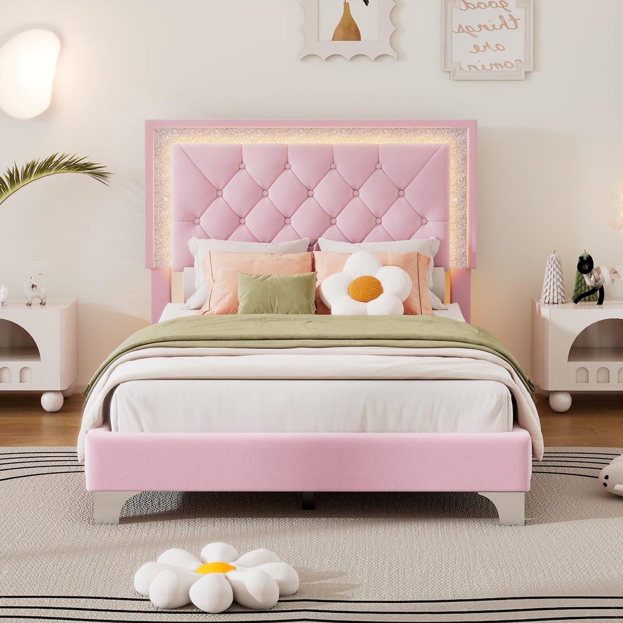 Harper & Bright Designs Velvet Twin Size Bed Frame with LED Lights, Modern Upholstered Twin Platform Bed with Tufted Headboard for Kids,Teens,Girls Boys,No Box Spring Needed,Pink Harper & Bright Designs