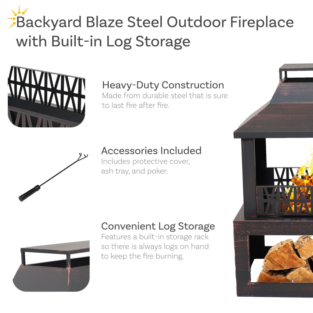 Sunnydaze Backyard Blaze 35-Inch H Heavy-Duty Steel Outdoor Fireplace with Built-in Log Storage - Includes Protective Cover - Brushed Bronze Sunnydaze