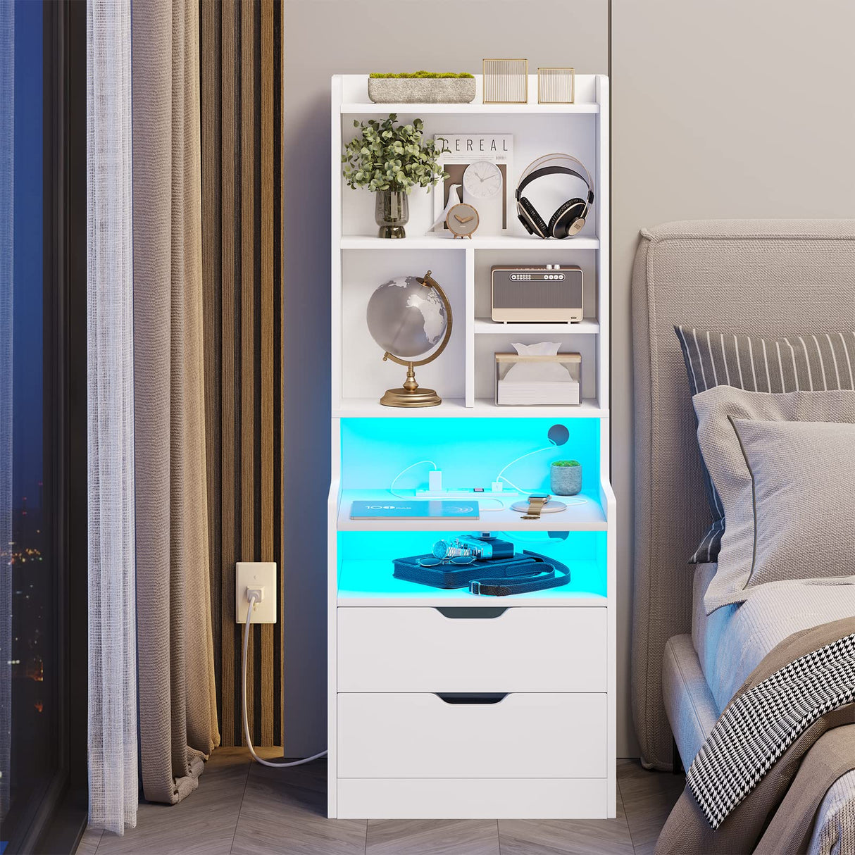 BTHFST Modern LED Tall Nightstand with Charging Station and Bookshelf in White BTHFST