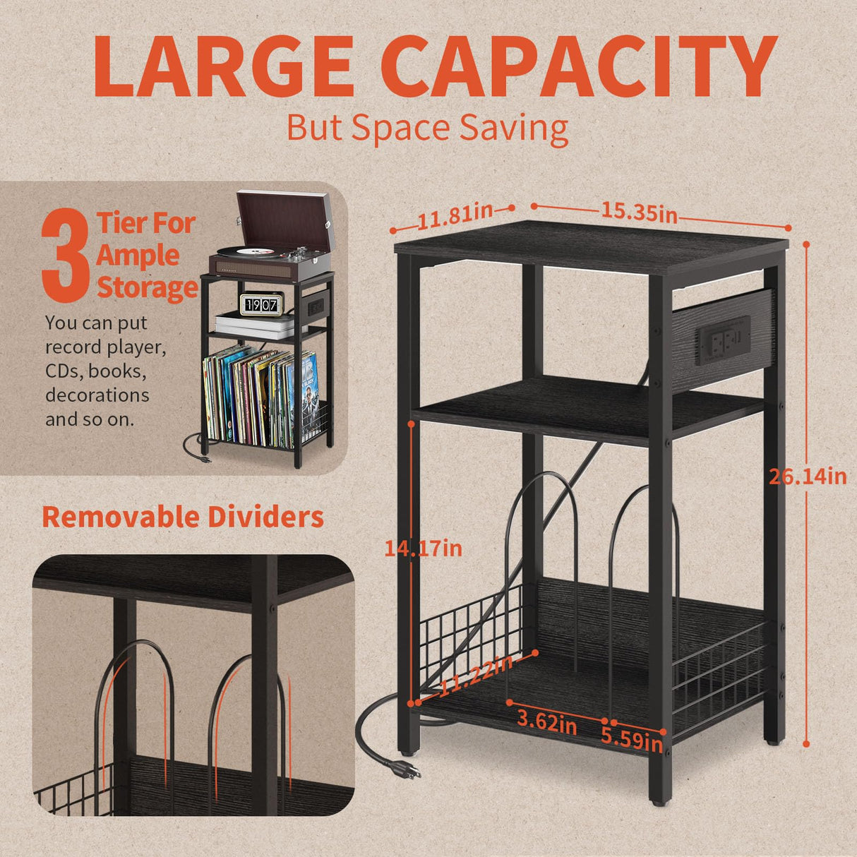 Yoobure Record Player Stand, 3-Tier End Table with Charging Station, Small Side Table for Living Room Bedroom, Nightstand for Vinyl Storage, Tall Beside Tables Turntable Stand for Album CD Yoobure