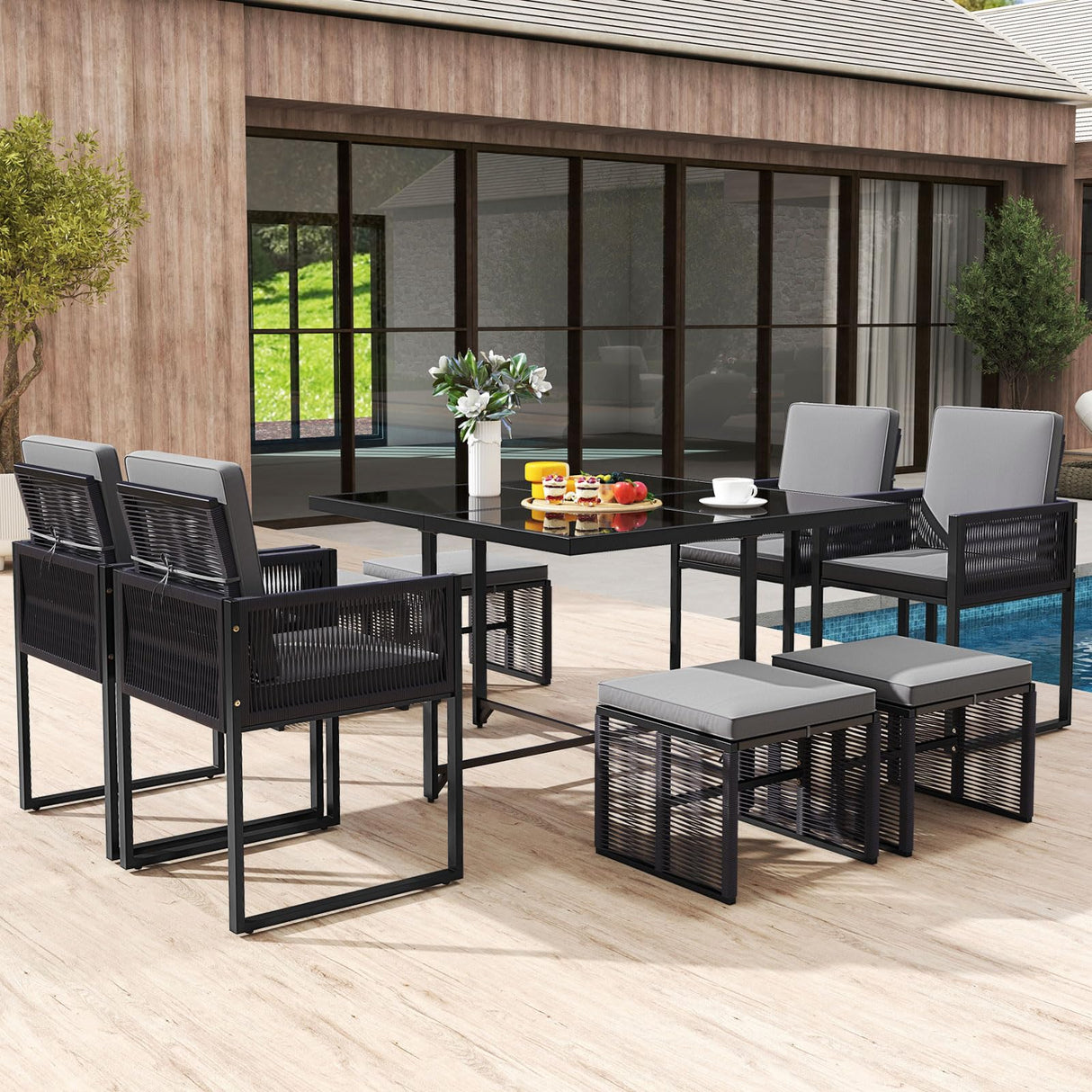 Tangkula 9 Pieces Patio Dining Set, Outdoor Space-Saving Furniture Set with PE Rattan Chairs, Tempered Glass Table and Ottomans, Outdoor Sectional Conversation Set with Cushions for Yard Tangkula