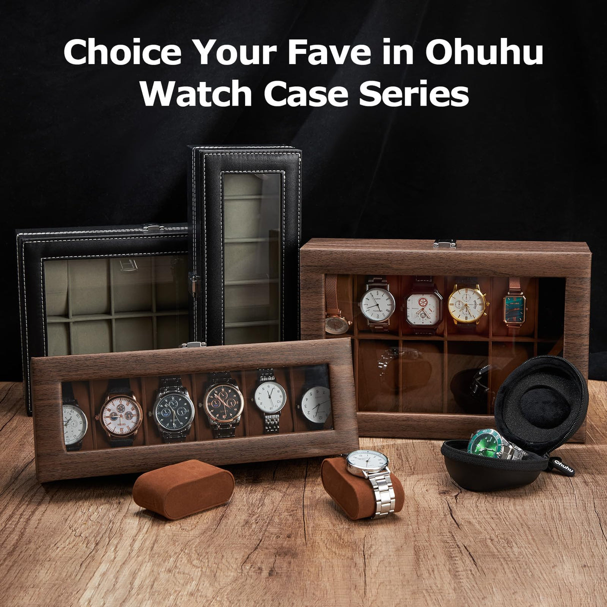 Ohuhu Watch Case, Watch Organizer for Men Wood Grain PU Leather - 6 Slot Watch Holder Real Glass Lid Jewelry Organizer Storage Soft Velvet Watch Display Case for Women Men Birthday Fathers Day Ohuhu