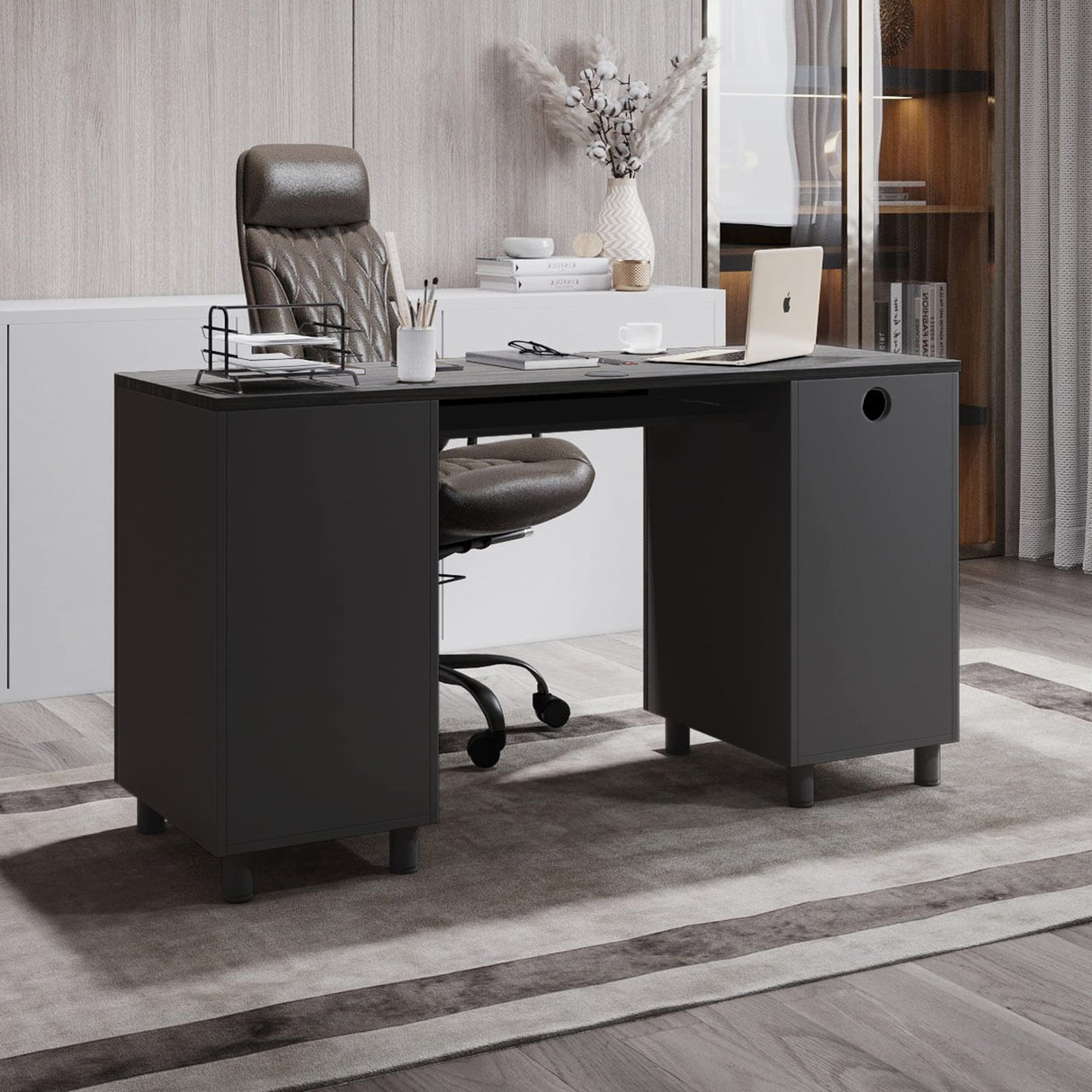 Modern Design Venice Office Computer Desk with 3 Locking Drawers and Storage Cabinet, 53 Inch Home and Office Executive Grey and Black Desk with Keyboard Tray by Crafts and Comfort Modern Design By Crafts & comfort
