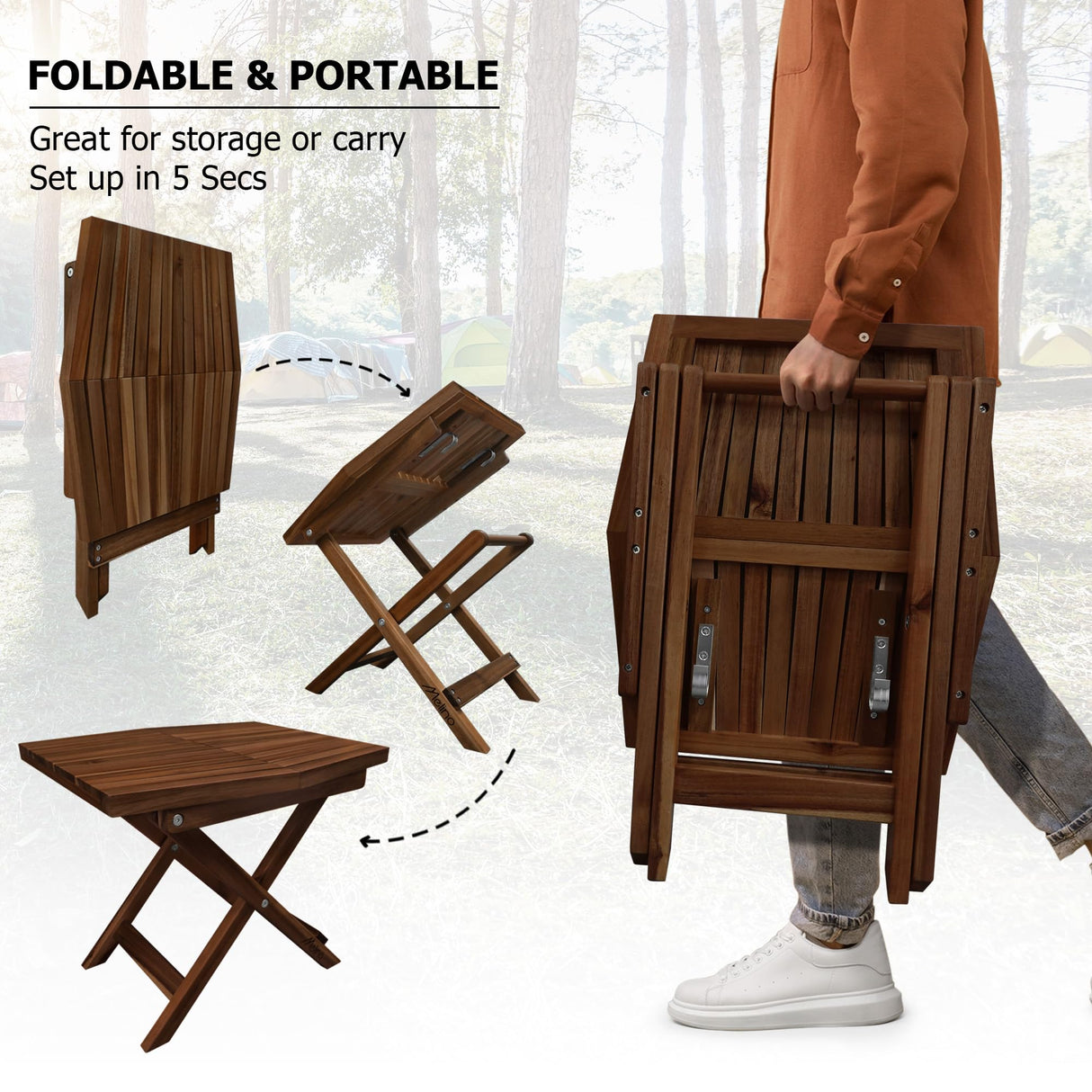 Melino Wooden Folding Table, Acacia Wooden Small Table for Indoor and Outdoor uses, Weather Resistant and Fully Assembled (Chestnut) Melino