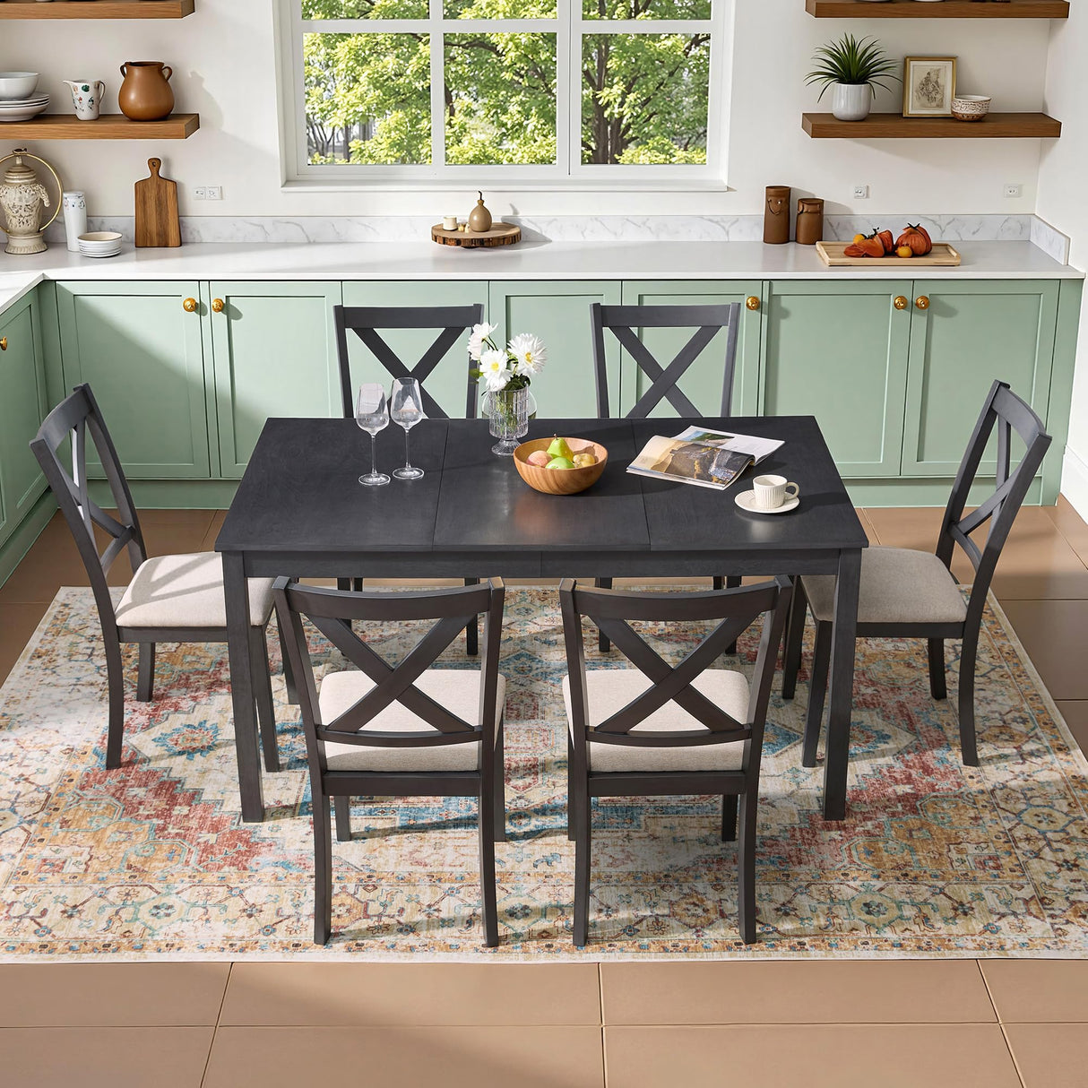 YUMPIE 7-Piece Farmhouse Dining Table Set for 6 People, 60" Wood Dining Kitchen Table & Chairs Set, Kitchen Table with 6 Upholstered Chairs, Perfect for Restaurant, Grey & White YUMPIE