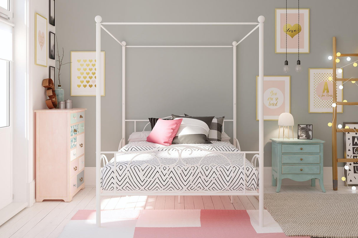 DHP Metal Canopy Bed Frame - Full Size, White with Heart Scroll Design DHP