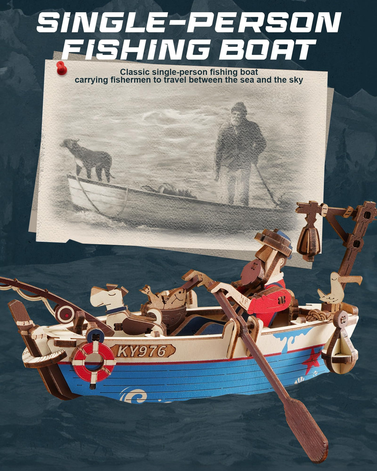 ROKR 3D Wooden Puzzles for Adults,Gravity Swing Ocean Fisher Model kit, 161Piece 3D Puzzles for Adults ROKR