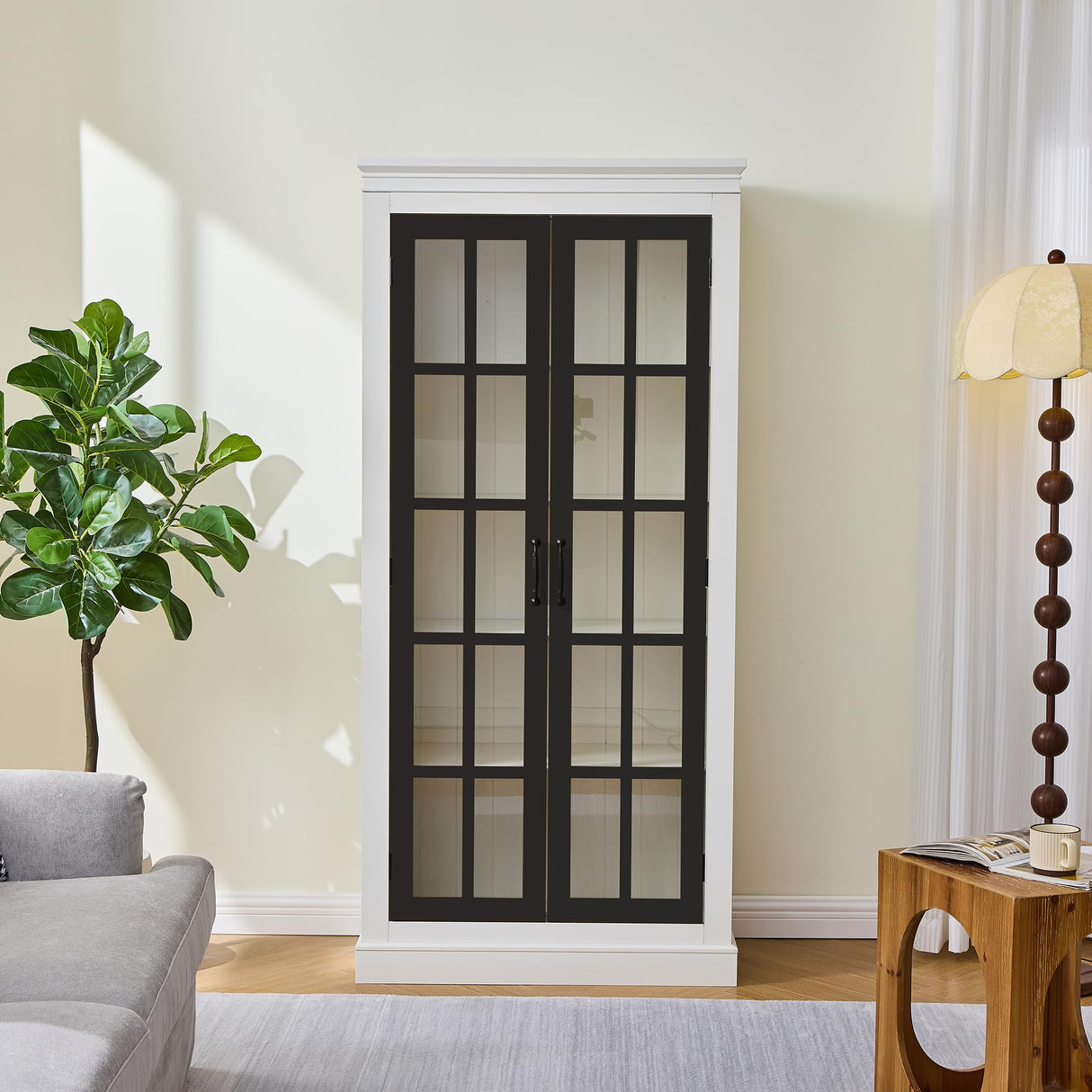 Ball & Cast 71.2" Tall Display Cabinet W/Glass Doors,Curio Cabinet W/Adjustable Shelves&Fixed Shelves for Collectibles,Trophies,Farmhouse Style Cabinets for Hallways,Living Room,Bedroom,White&Black Ball & Cast