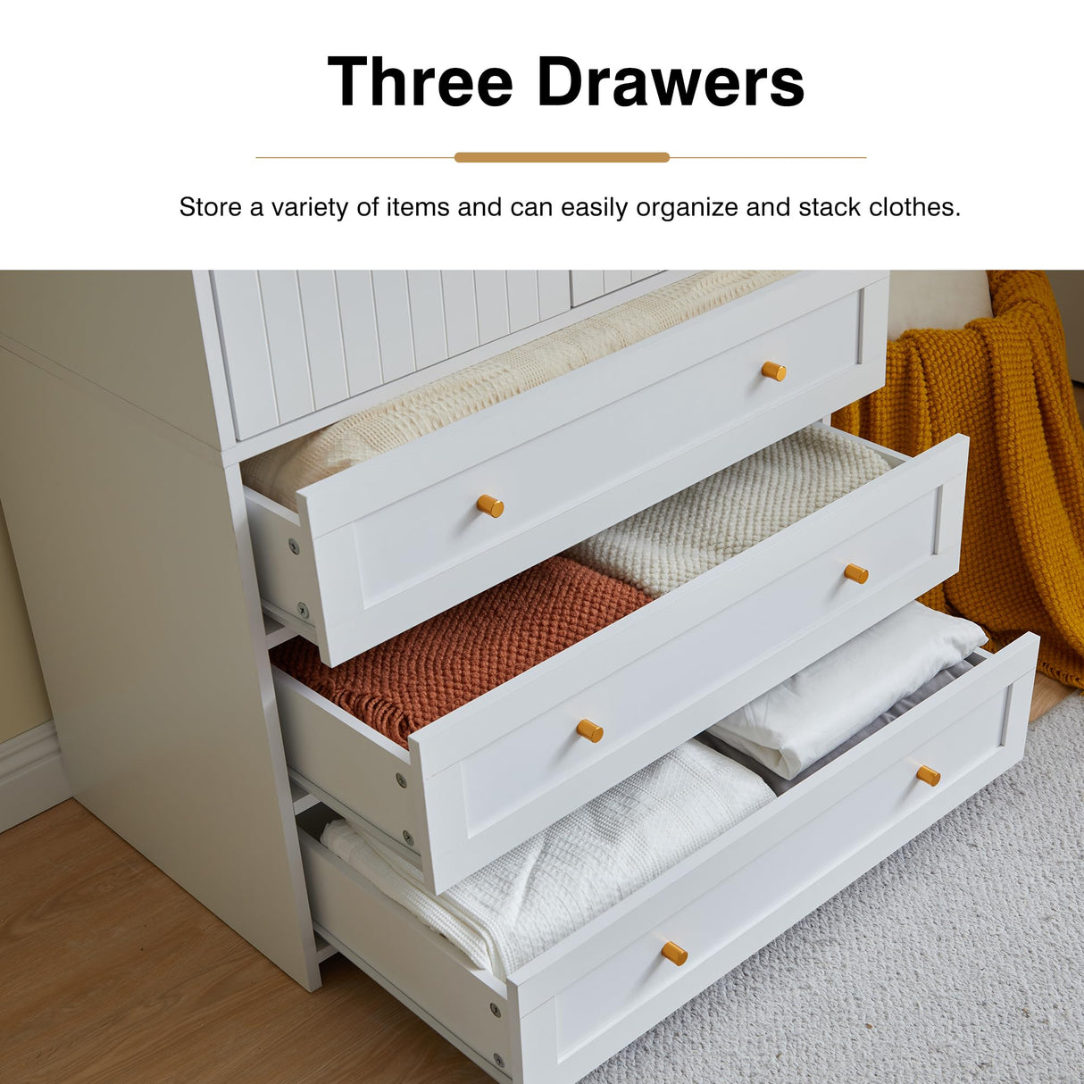 LEVNARY Wardrobe Armoire Closet, 2-Door Wardrobe Cabinet with 3-Drawer and Hanging Rod, Modern Bedroom Armoire Clothing Organizer Freestanding Closet (White) LEVNARY