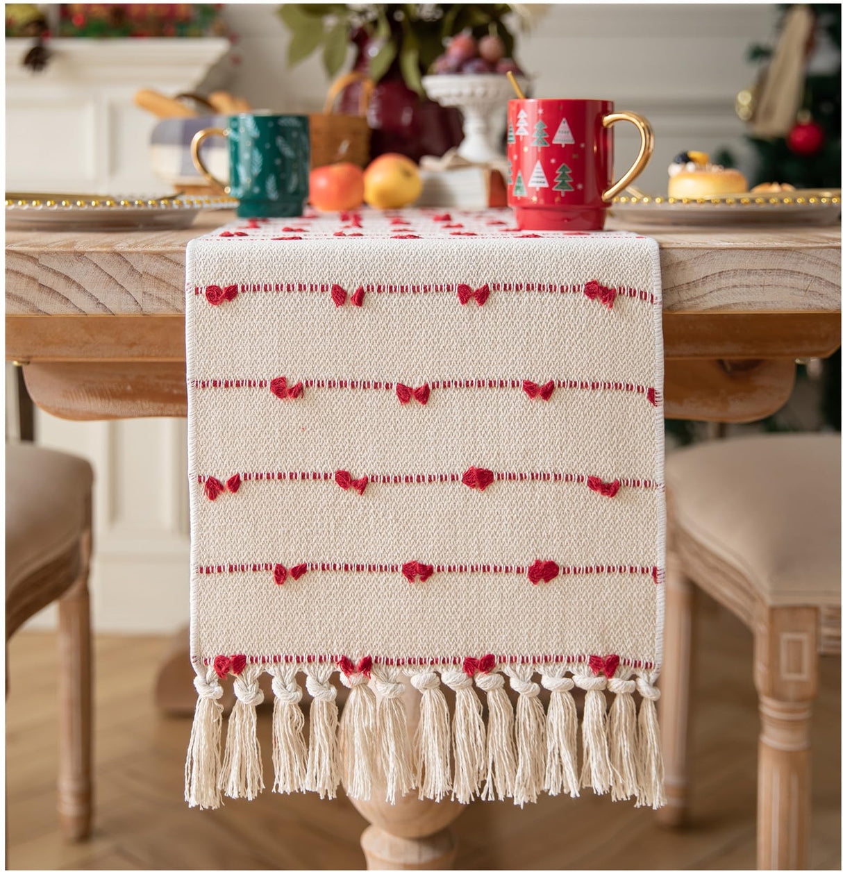 Caflife Christmas Table Runner 90 Inchs Long for Modern Farmhouse Room Home Christmas Decorations, Boho Red Table Runner, Natural Cotton Woven with Tassels for Holiday Kitchen and Dining Table Decor Caflife