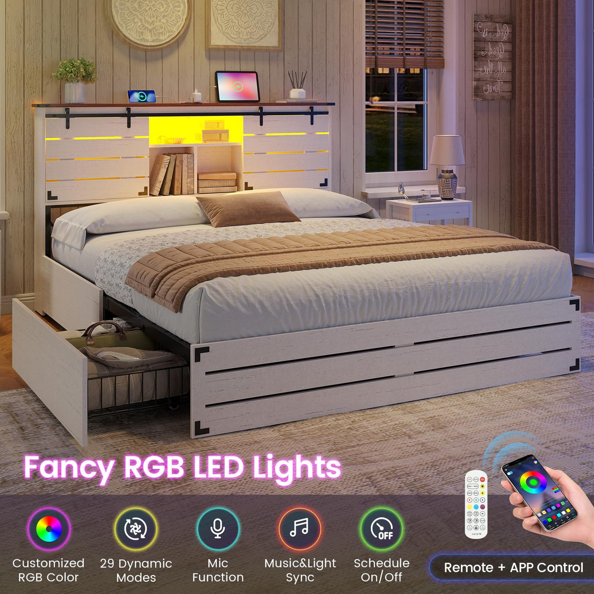 VIAGDO Wooden Bed Frame Queen Size with Bookcase Headboard and Sliding Barn Door, Farmhouse Queen Bed Frame with Charging Station, LED Lights and 4 Storage Drawers, No Box Spring Needed, White VIAGDO