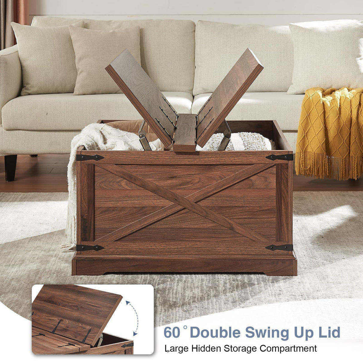 Barnyatoh Farmhouse Square Coffee Table with Storage, Wood Center Table with Hinged Lift Top, Rustic Cocktail Table with Large Hidden Storage Compartment for Living Room, Bedroom,Brown Barnyatoh