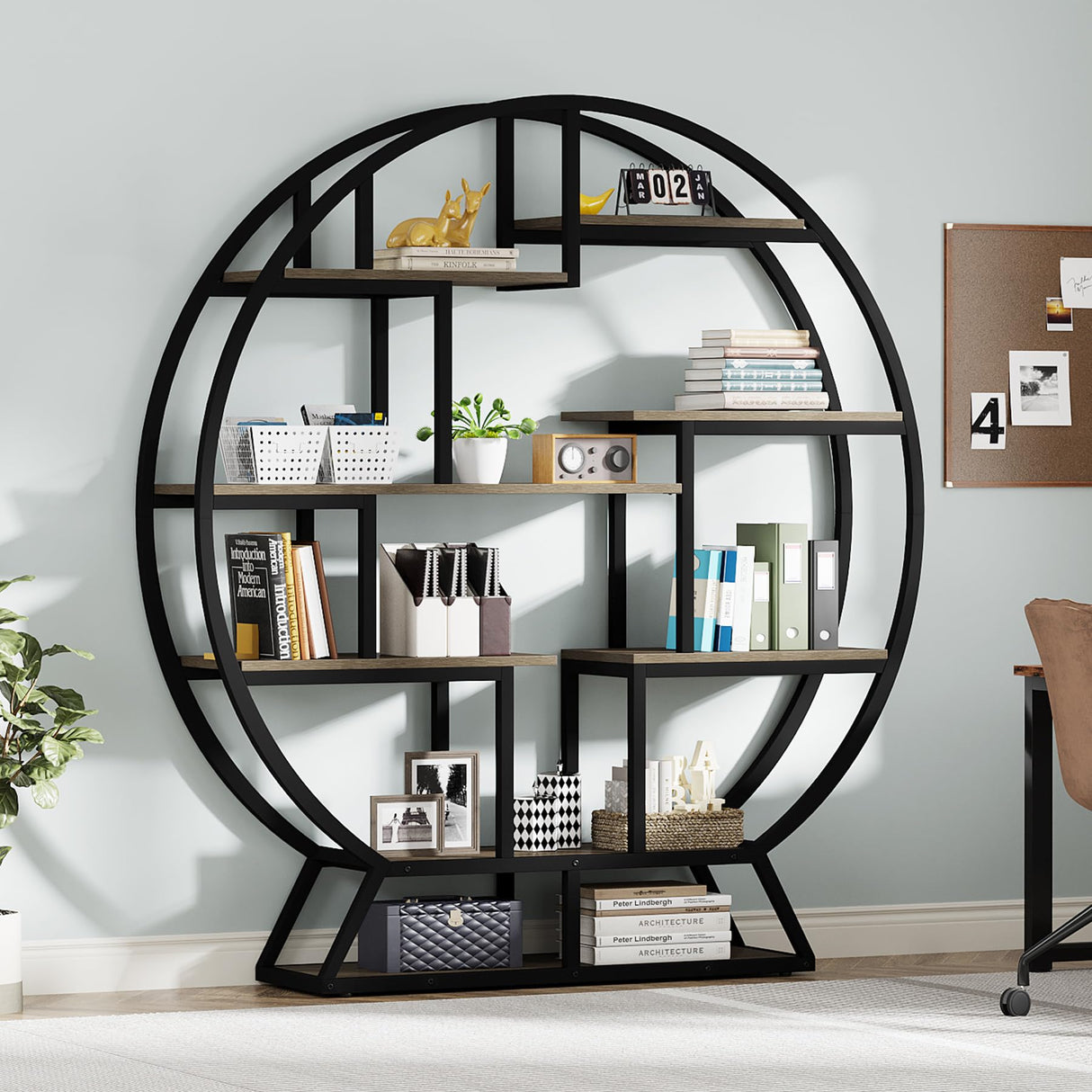 Tribesigns Bookshelf, Round Bookshelves Etagere Bookcase, 63 Inch Industrial Wood Book Shelf with Staggered Shelves, Open Shelving Organizer Rack Display Shelf for Home Office, Living Room, Grey Tribesigns