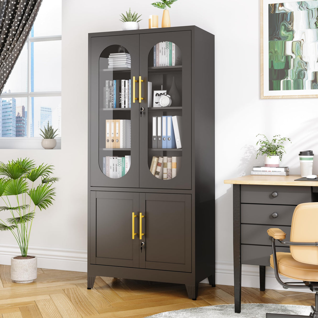 winiowa Metal Storage Cabinet with Adjustable Shelves,Garage Cabinet with 4 Lockable Doors, 71" Tall Kitchen Pantry Cabinets,Steel Locking Cabinets for Kitchen, Garage, Office,Living Room-Black winiowa