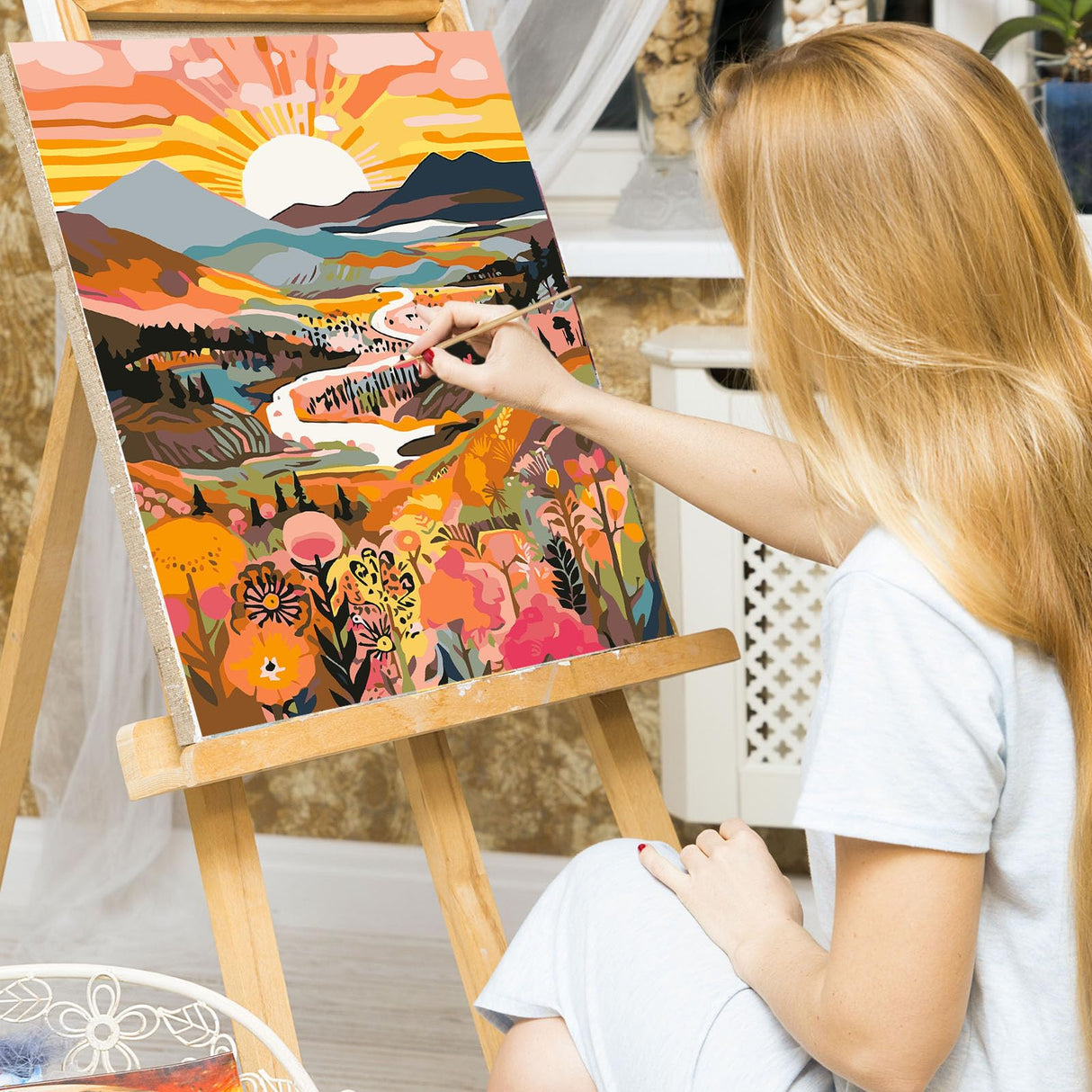 EFOTIML Paint by Numbers Kit for Adults Beginners & Kids Ages 8-12,1 Pack 16x20 inches Canva for Painting Kits for Adults in Colorful Box(Without Frame)- Sunrise Mountains and Rivers EFOTIML