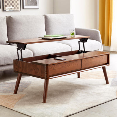 100% Solid Oak Wood Coffee Table, Lift Top Walnut Coffee Table with Drawers and Hidden Compartments, Rectangular Coffee Tables with Storage for Living Room Home Decor (39.37" L x 21.65" W x 25.59" H)