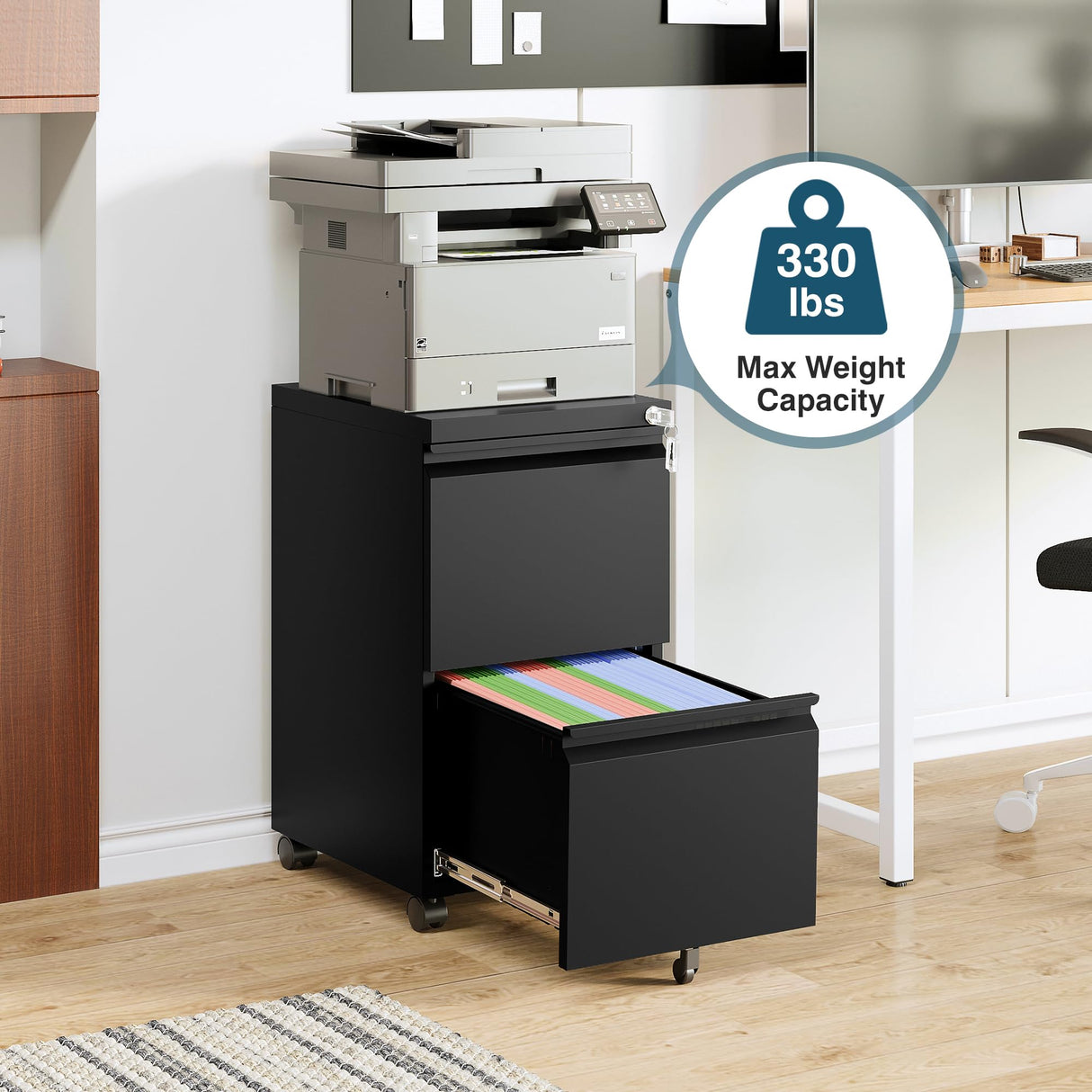 MIIIKO 2 Drawer File Cabinet on Wheels, Home Office Mobile File Drawers Under Desk, Filing Cabinets with Drawers for Legal/Letter/A4 File Folders(Black),Un-Assembled MIIIKO