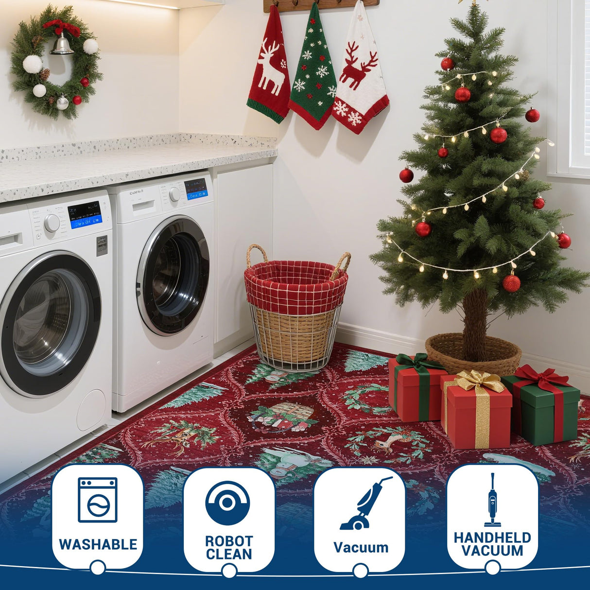 GarveeHome Christmas Rug 5x7 Boho Non-Slip Stain Resistant Machine Washable Rug for Bedroom,Large Neutral Low-Pile Area Rug for Living Room Bedroom Kitchen Office, Red GarveeHome