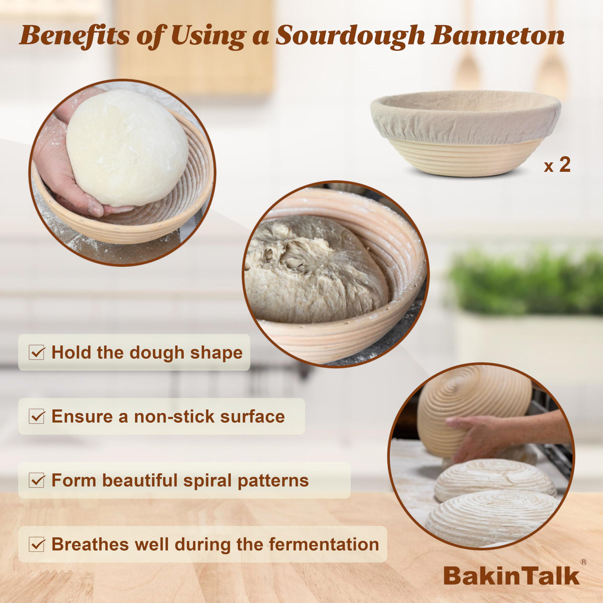 BakinTalk Banneton Bread Proofing Basket Set of 2, 9" Round Sourdough Banneton Baskets with Linen Liners, Premium Handmade Natural Indonesian Rattan, Bread Bowls for Rising and Baking BakinTalk