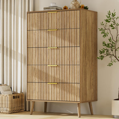 LYNSOM Fluted 5 Drawers Dresser, 45" Tall Modern Chest of Drawers with Metal Handle and Curved Profile Design, Wood Drawer Organizer for Bedroom, Living Room, Hallway, Entryway, Natural Oak