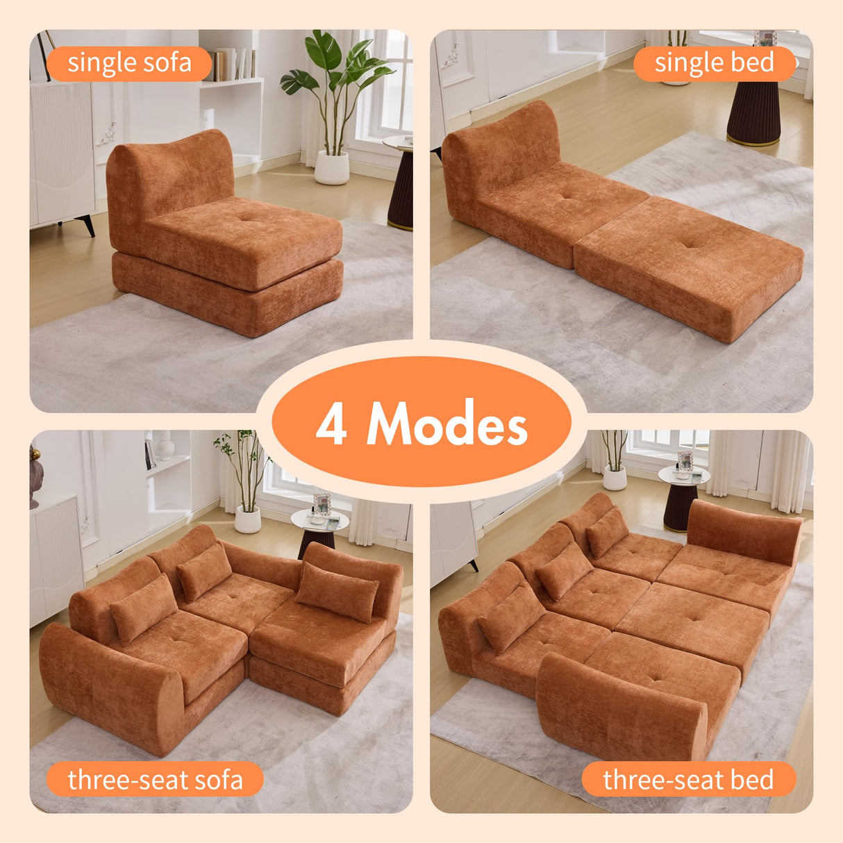 MAXMAXX 102" Modular Sectional Cloud Sofa,4-in-1 Folding Convertible Sofa Bed, Floor Boneless Couch, Modular Cushion Couch,Suitable for Living Room,Bedroom and Recreation Room(Orange) MAXMXX