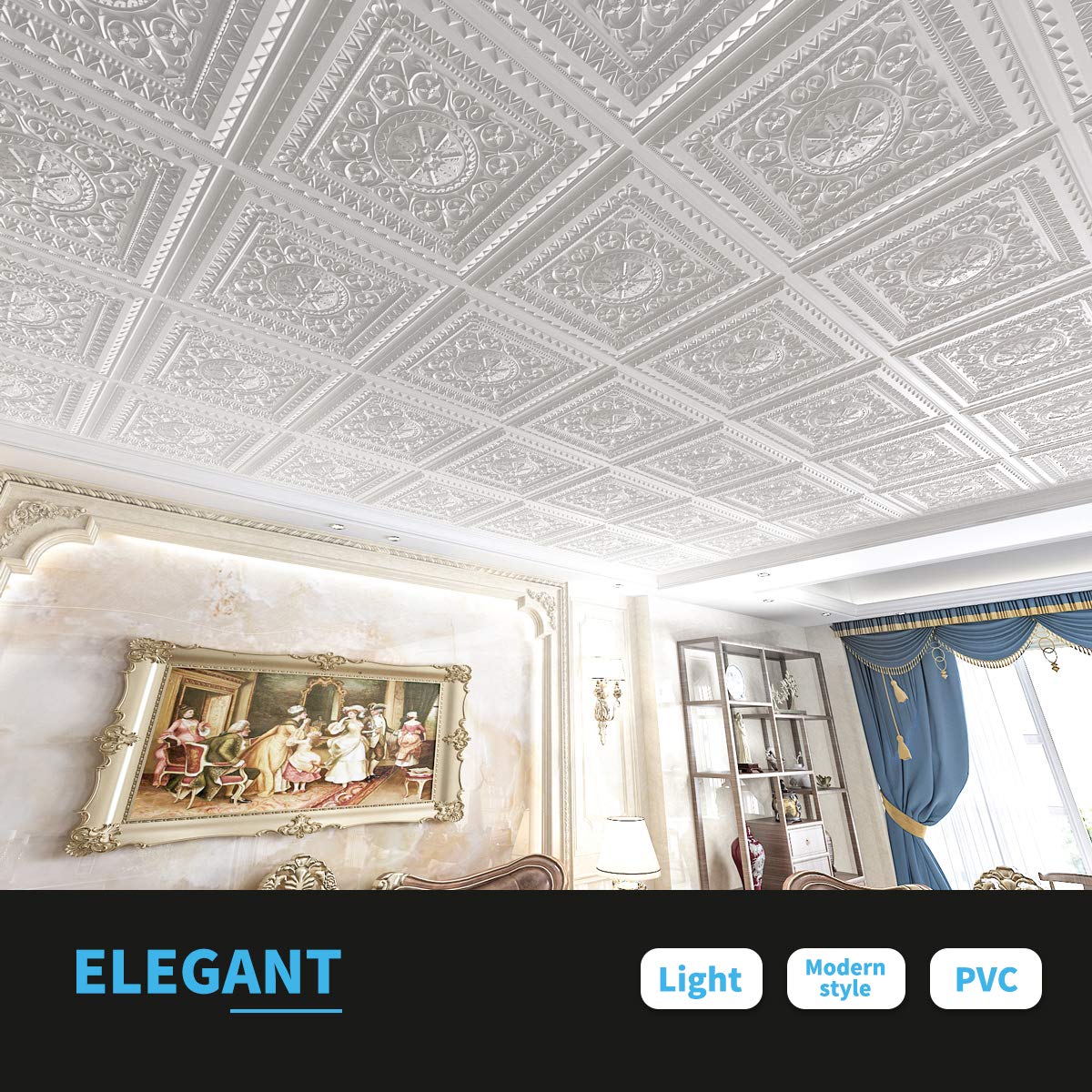 Art3d Drop Ceiling Tiles, Glue up Ceiling Tiles, 2'x2' Plastic Sheet in White (12-Pack, 48 Sq.ft) Art3d