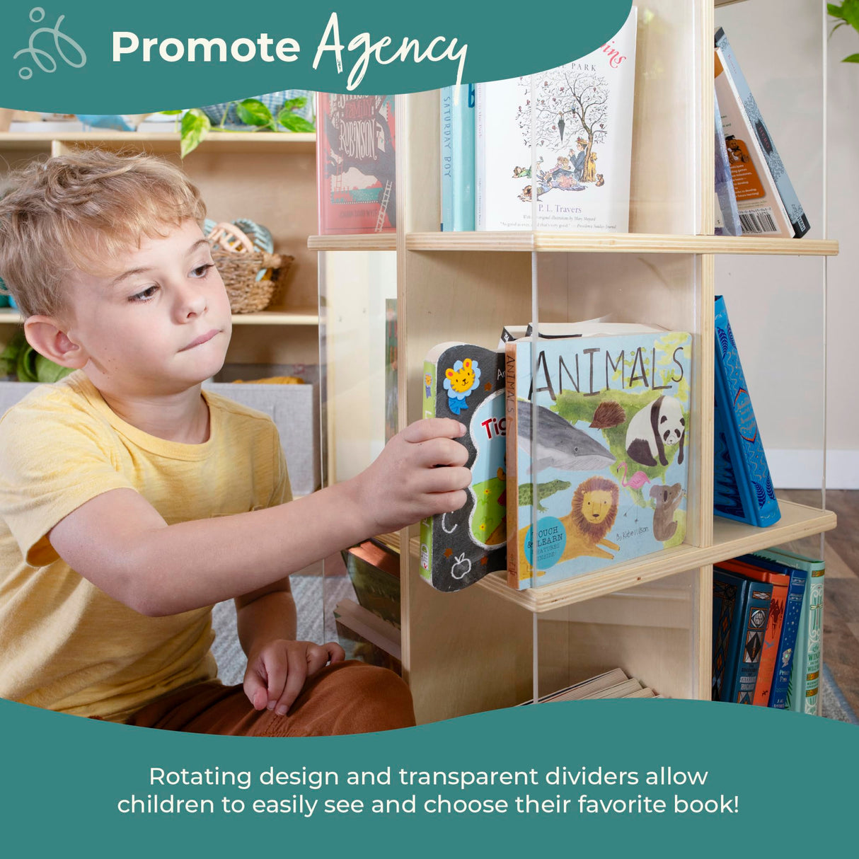 Guidecraft EdQ Kids Rotating Bookshelf: Natural Wood Revolving Bookcase - 360 Degree Spinning Book Shelf Tower with Acrylic Montessori Storage for Classroom, Bedroom and Playroom | Toy Organizer Guidecraft