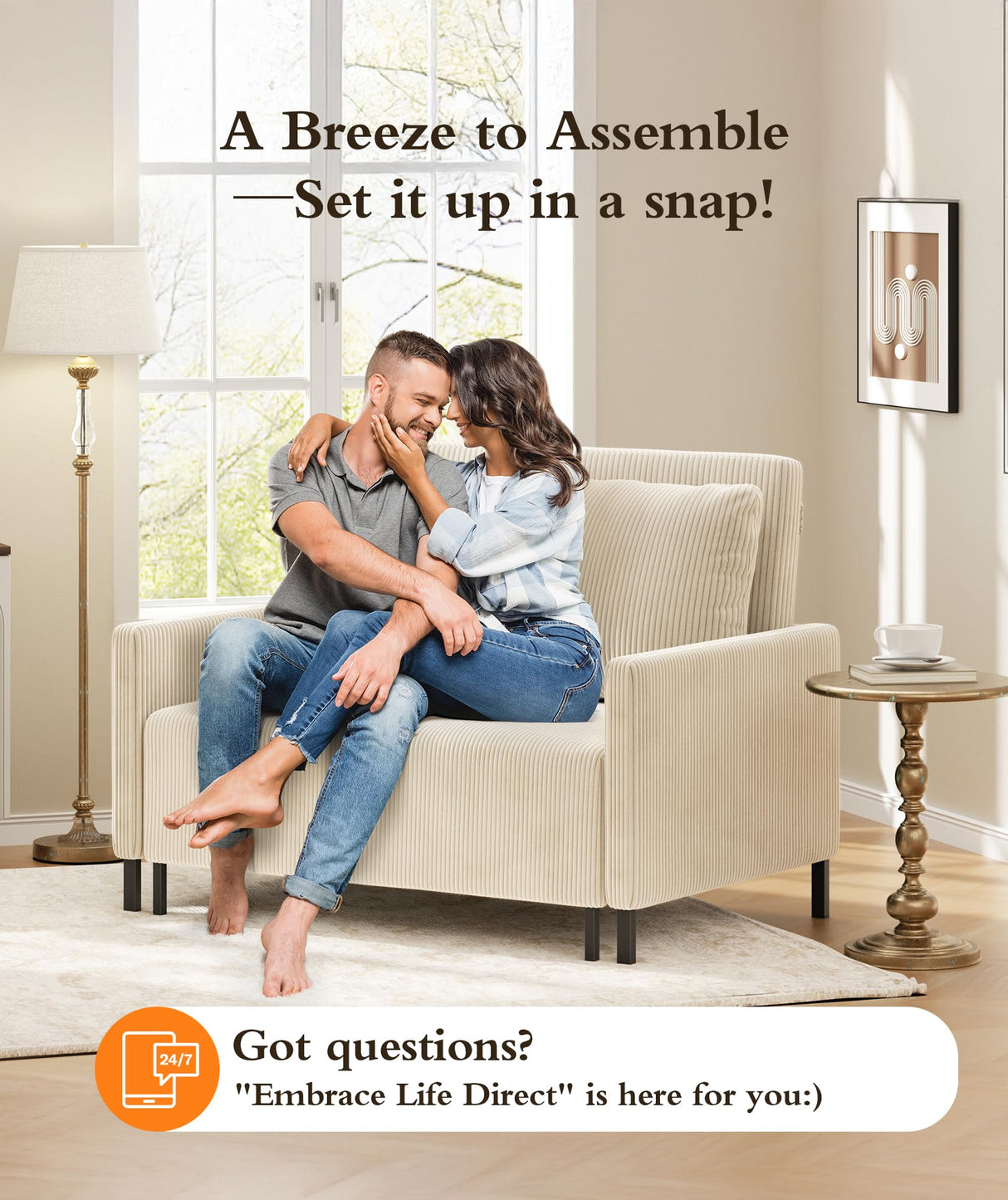 Corduroy Convertible Sofa Bed, 47" Loveseat Sleeper Sofa, Pull out Couch 618lbs Capacity, Modern Sleeper Couch Bed 2 Fluffy Pillows Included, Small Couches for Small Spaces/Apartment/Office, Beige Domusensus